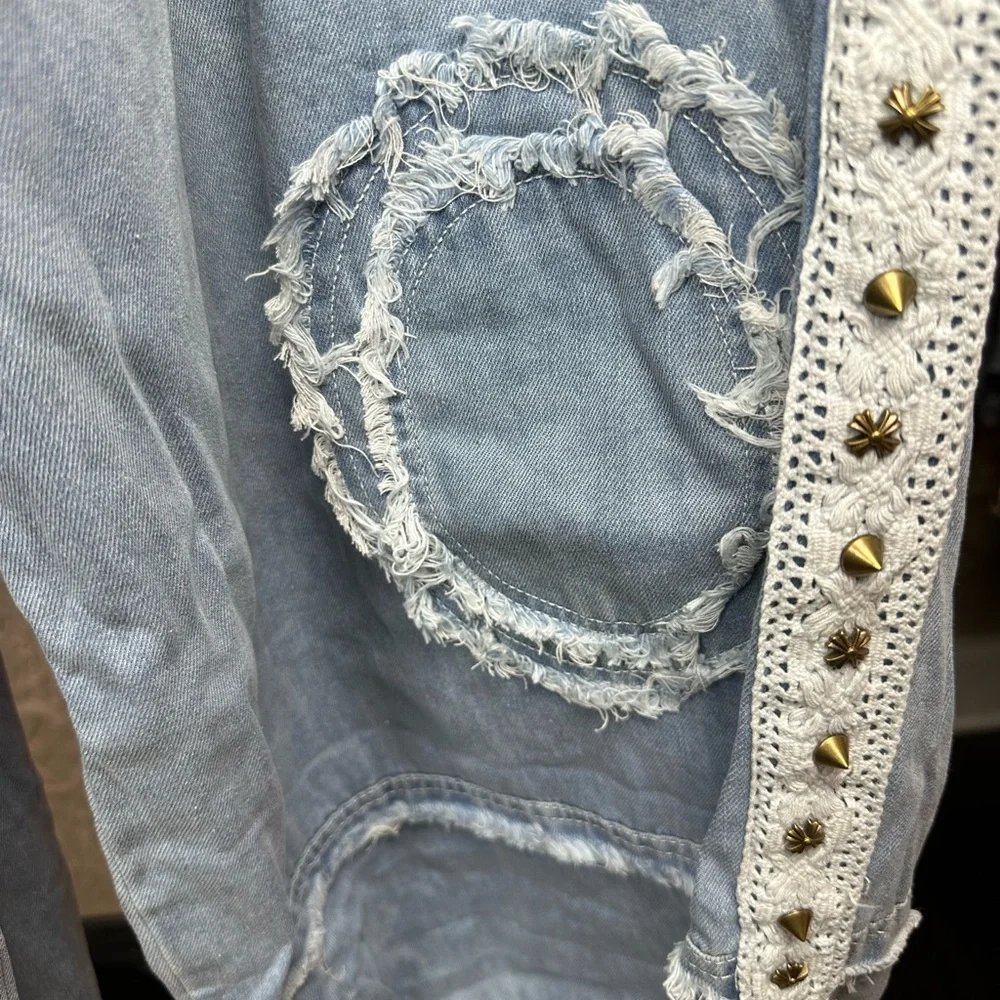 🆕 POL Denim Vintage Wash Studded lace Wide-Leg Joggers
